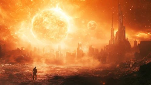 Solar cataclysm above a forsaken futuristic megacity skyline.