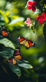 Three butterflies hover above green leaves and red flowers