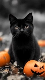 Black Cat with Golden Eyes Among Halloween Pumpkins.