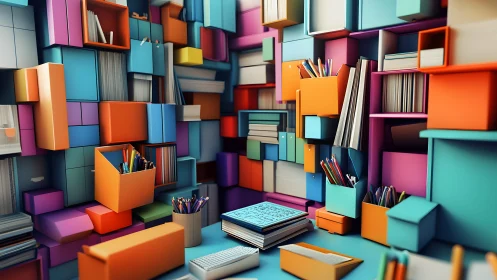 Colorful Modular Workspace with Stacked Shelving and Office Supplies.