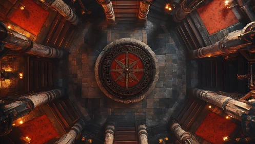 Ancient circular hall with stone compass centerpiece.
