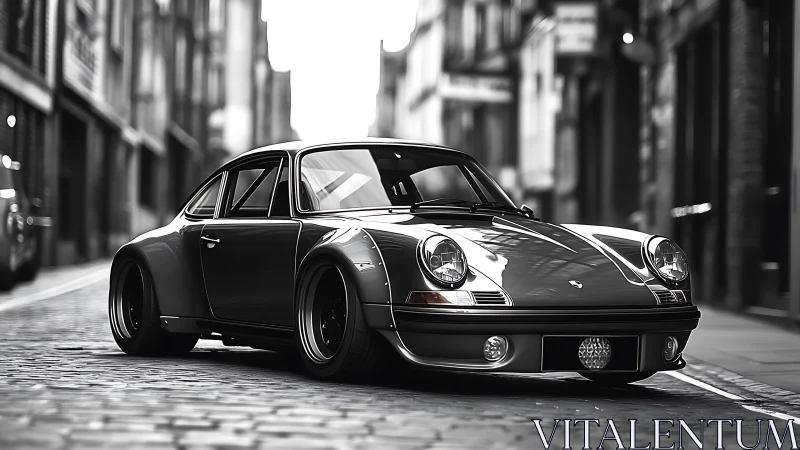 Classic sports coupe parked on cobblestone city street.