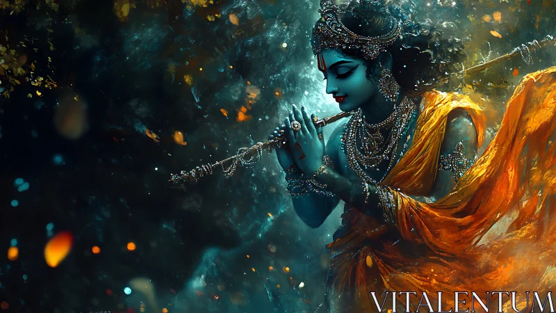 Blue-skinned deity figure playing flute with orange drapery.