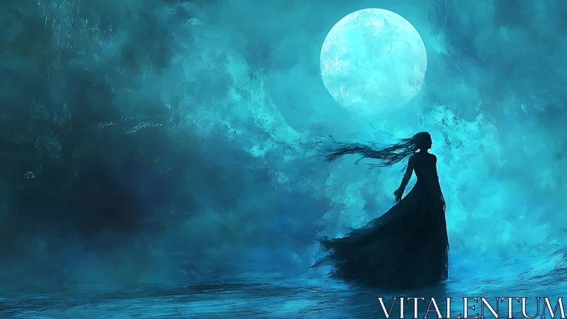 Solitary woman silhouette under large blue full moon.