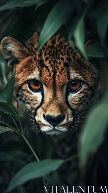 Gentle cheetah gaze peeking softly through jungle leaves.