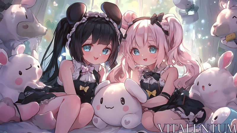 Anime twin maids in plush bunny pastel bedroom lighting study.