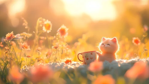 White Cat Enjoys Tea in Golden Flower Meadow