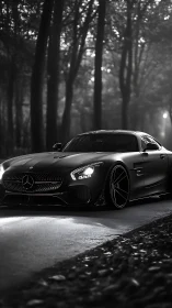 Mercedes sports coupe is parked on a wet forest roadway