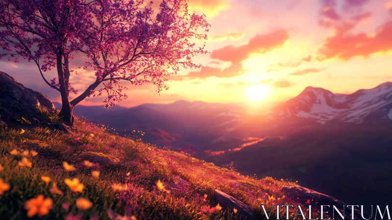 Sunlit blossom tree crowns a glowing alpine valley at dusk.