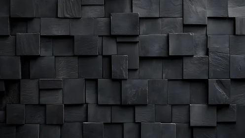 Stacked matte black square tiles forming geometric wall.