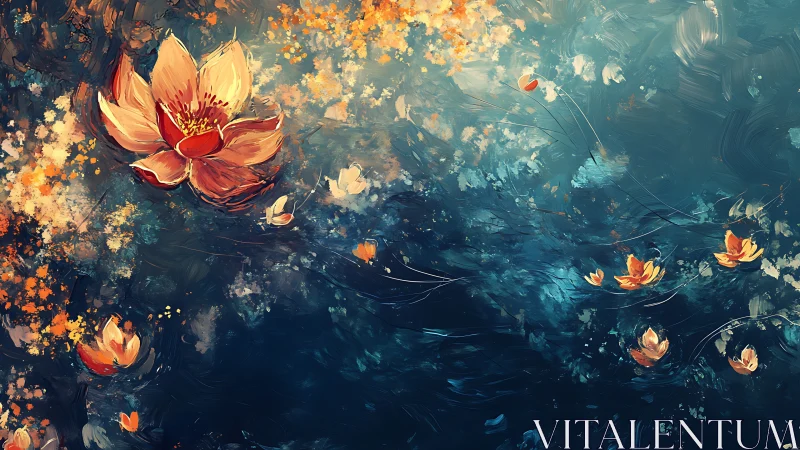 Orange lotus flowers float across deep blue abstract water
