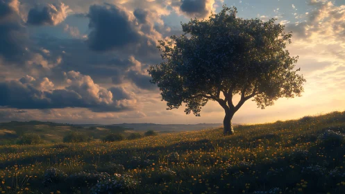 Golden hour tree glowing over peaceful wildflower meadow.