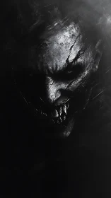 Monochrome distorted skull-like face emerges from darkness