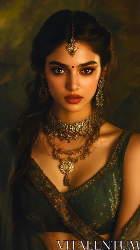 Regal woman in golden jewelry radiates timeless elegance