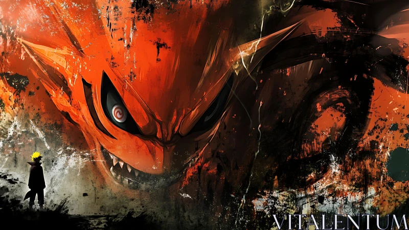 Silhouetted figure facing large orange beast illustration.