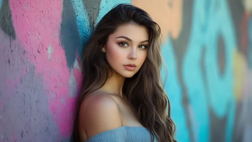 Young woman against graffiti wall in soft daylight portrait.