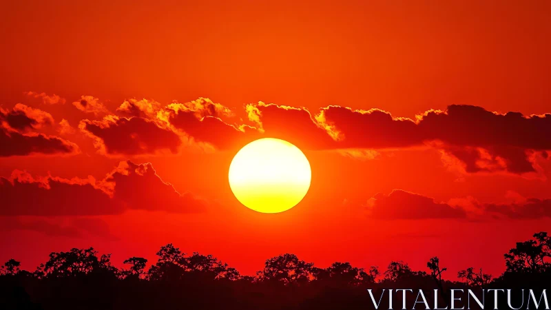 Solar ember over scarlet plains, clouds sipping molten light.