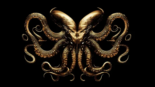 Golden octopus emblem stretches its curling arms wide
