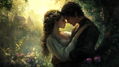 Figures in Garden Setting with Atmospheric Lighting