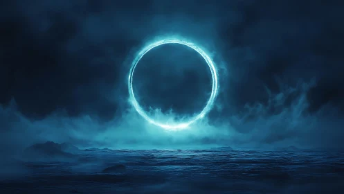 Luminous circular portal hovers above misty oceanic horizon at night