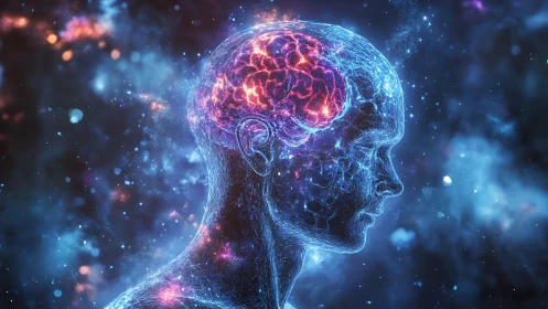 Digital painting profile of neural-lit human head in cosmos.