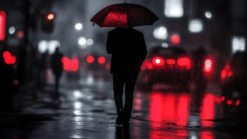 Silhouette under red umbrella on rainy neon city street.