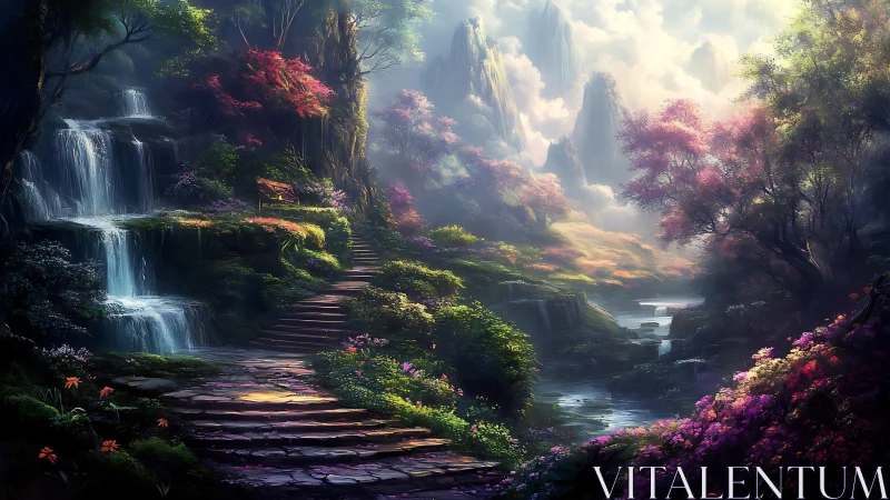 Stone path winds through luminous waterfall fantasy valley