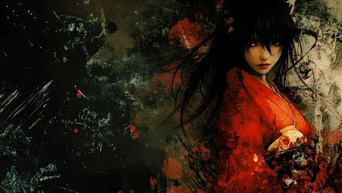 Digital portrait depicts woman in red garment in abstract field