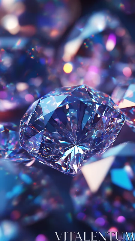 Photorealistic faceted diamond macro with prismatic bokeh.