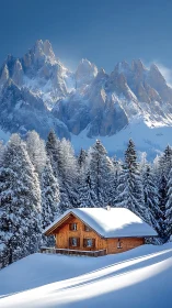 Snowbound alpine cabin beneath dramatic jagged peaks.