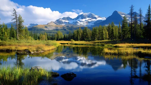 Mountain lake reflects conifer forest and distant snow peaks