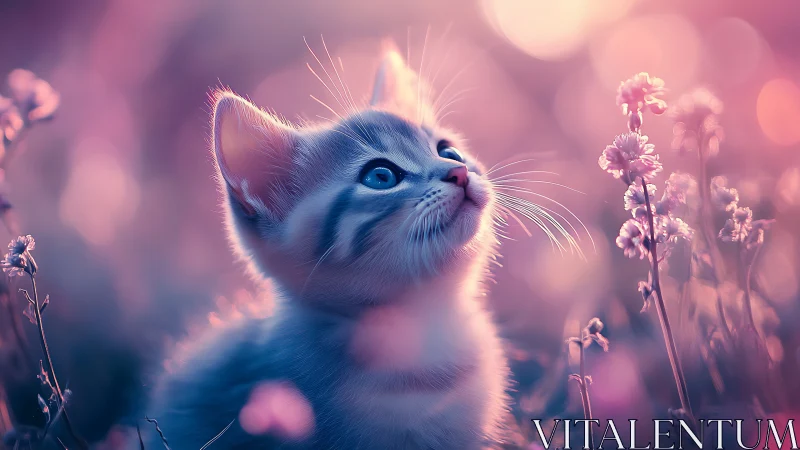 White kitten gazing upward in soft pink field.