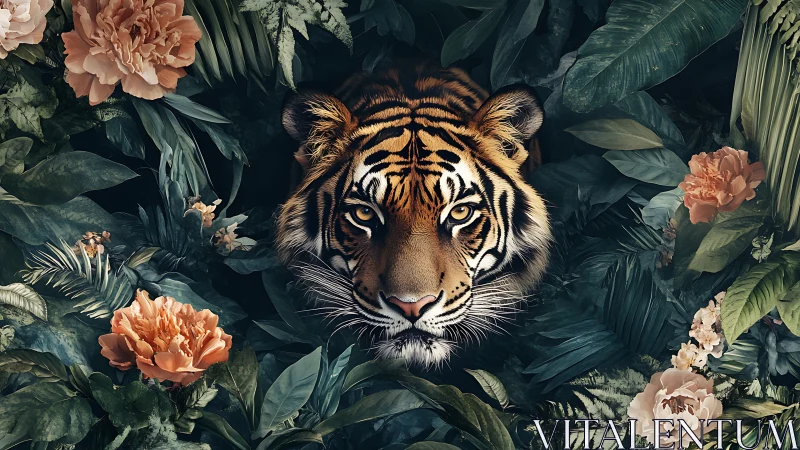 Tiger head framed by dense tropical foliage and flowers.