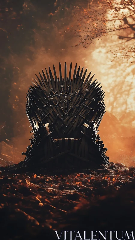 Sword-forged throne dominates cinematic autumn forest scene