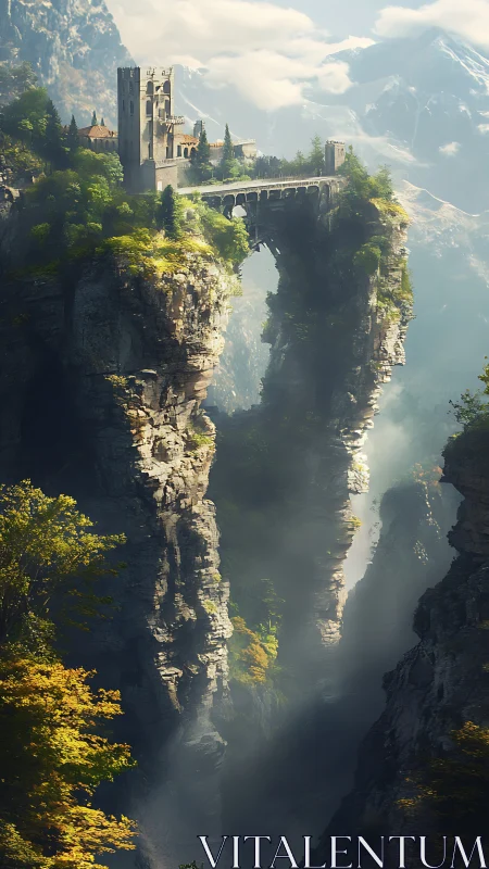 Gothic cliffside citadel spans eroded arch with volumetric light