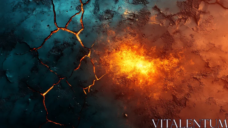 Molten faultline where frozen teal stone meets wildfire glow.