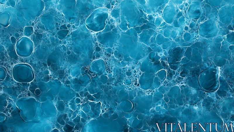 Blue liquid surface shows clustered bubbles and organic cells