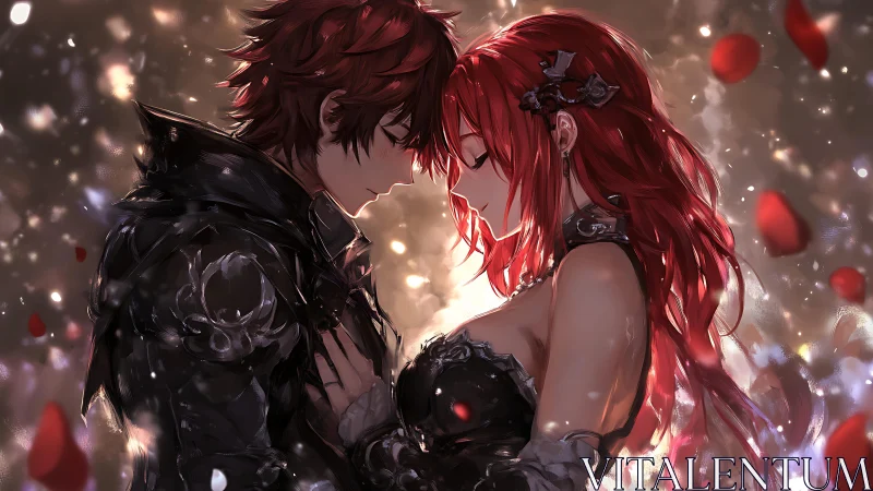 Anime lovers in armor embrace under falling petals.