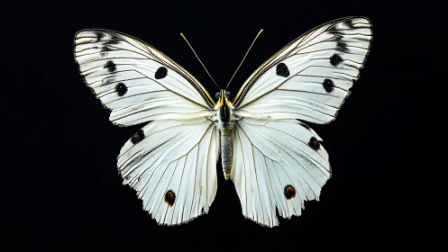 White butterfly macro study with high-contrast black backdrop.