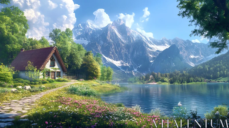 Cottage whispers as crystal lake mirrors grand snowy peaks