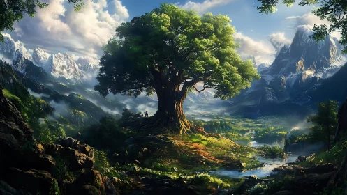 Ancient oak on terraced cliff amid alpine river valley