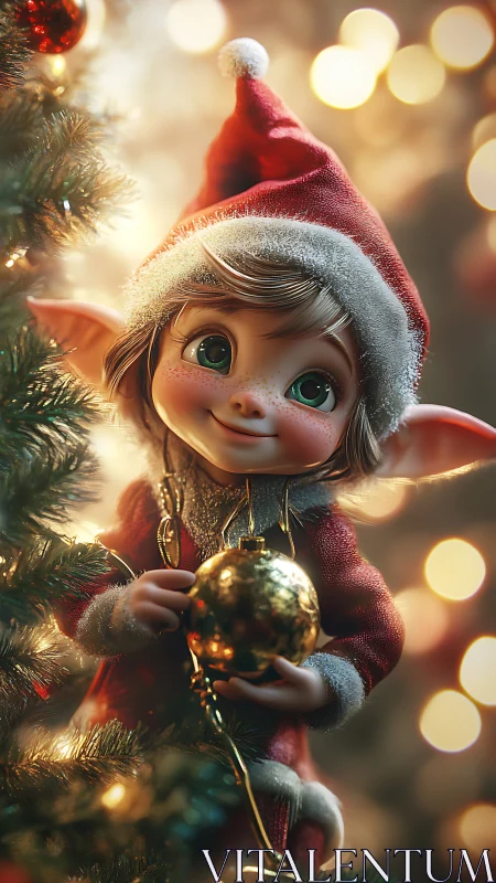 Sparkle-eyed Christmas elf cradling golden tree bauble.