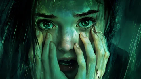 Emotionally distressed portrait uses teal lighting and hyperreal eyes