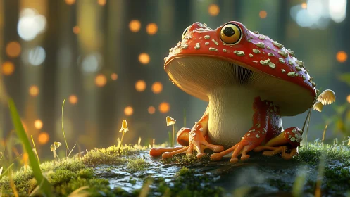 Bioluminescent forest toadstool-frog hybrid in macro focus.