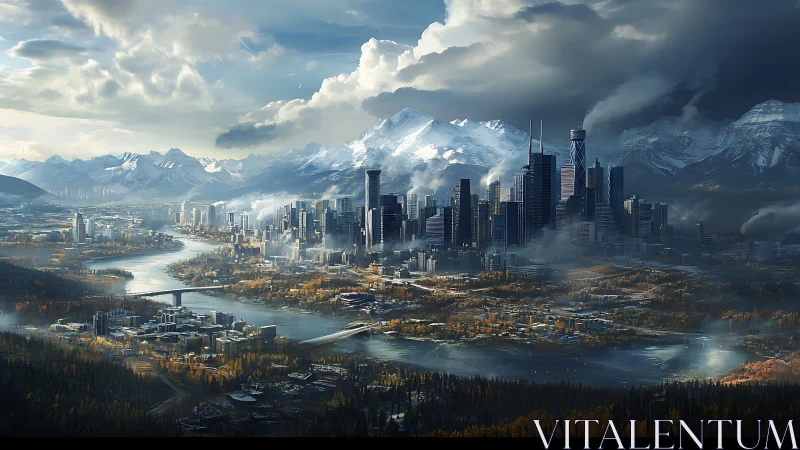 Futuristic alpine megacity rises amid misted river valleys