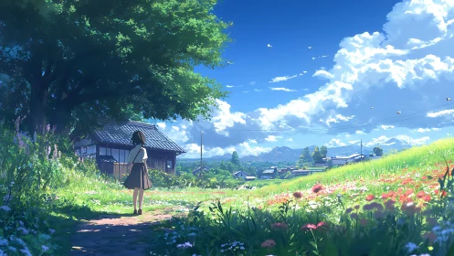 Summer hillside path where a schoolgirl pauses beneath trees.