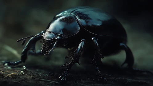 Midnight beetle titan under eerie forest spotlight.