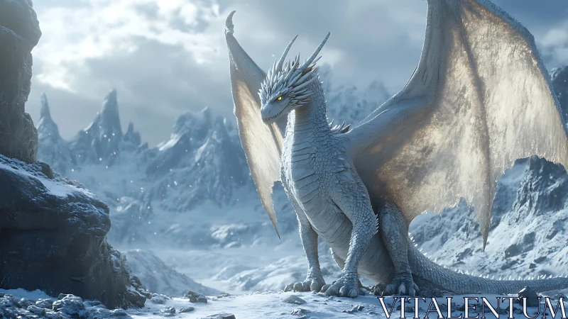 Snowlit dragon guardian resting in a quiet winter valley.