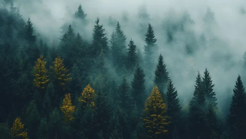 Misty Forest Landscape with Golden Larches Among Evergreens