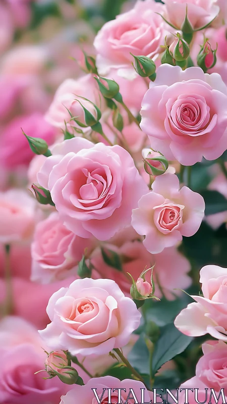 Pink Garden Roses with Verdant Buds. Intimate botanical closeup study.